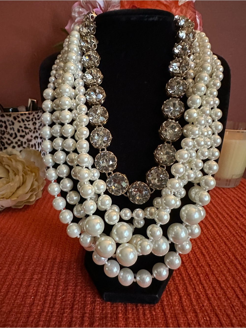 2 J Crew Elegant Multi-Strand Pearl & Crystal Statement Necklace - White